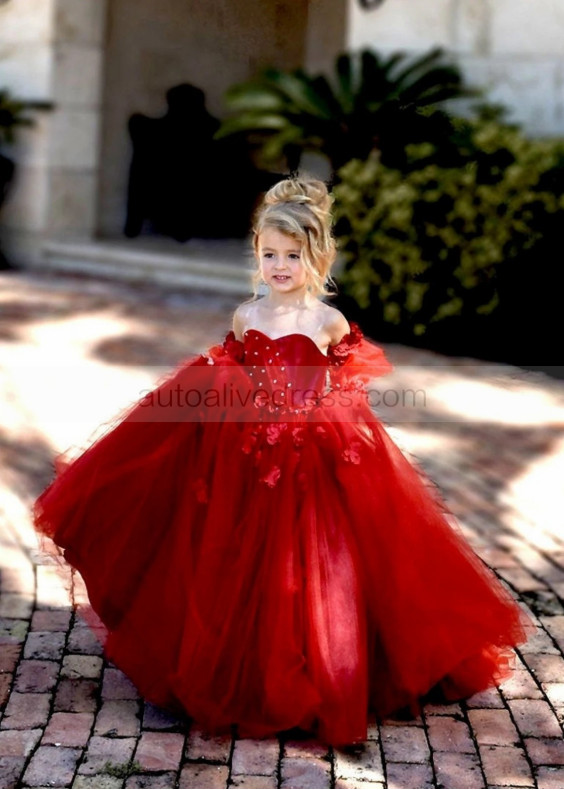 Sweetheart Neck Beaded Red Floral Flower Girl Dress With Removable Sleeves